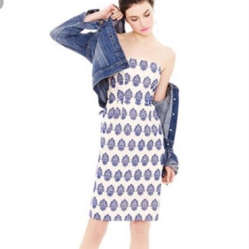 J. Crew strapless dress ivory with blue embroidery
